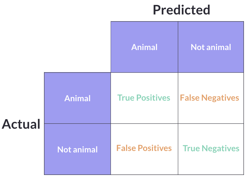 Confusion matrix template showing True Positives, True Negatives, False Positives, and False Negatives
